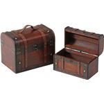 木目調 アンティーク調 トランク/カバン型収納ボックス 【2点セット】 スクエア型 レッドブラウン 〔雑貨 収納〕