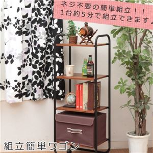 モダン調 組立簡単ワゴン/収納棚 【4段 ブラウン】 幅43cm インナーボックス対応 キャスター付き スチール製