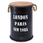 ビンテージ風 ブリキスツール/収納ボックス 【ブラック】 直径27cm×高さ41cm スチール製 天然木座面 〔インテリア家具 什器〕