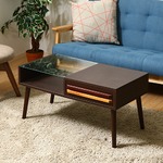 北欧風リビングテーブル/ローテーブル 【ダークブラウン】 幅80cm ガラス製天板 収納棚・引き出し1杯・木製脚付 『オスロ』