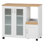 ファミリー用 キッチンカウンター/キッチン収納 【幅90cm】 ホワイト×ナチュラル 取っ手付き扉 二口コンセント キャスター付き