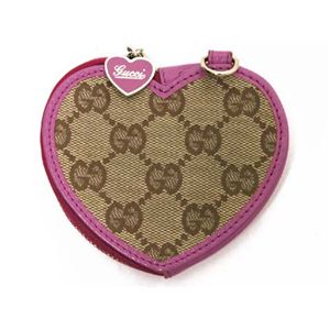 【現品限り】GUCCI(グッチ) ハート型コインケース 152615 キャンバス カーフ ベージュ/ピンク 【中古AB】