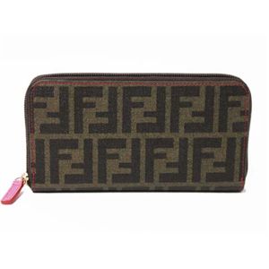 【現品限り】FENDI（フェンディ） ズッカ柄 ラウンドファスナー長財布 8M0024 00ZM5 コーティングキャンバス ブラウン/ピンク 【未使用】