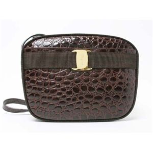【現品限り】Ferragamo（フェラガモ） ヴァラ ショルダーバッグ クロコ風型押し カーフ ブラウン 【新品同様】