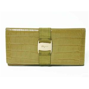 【現品限り】Ferragamo（フェラガモ） ヴァラ 2つ折長財布 クロコ風型押し グリーン 【中古BC】