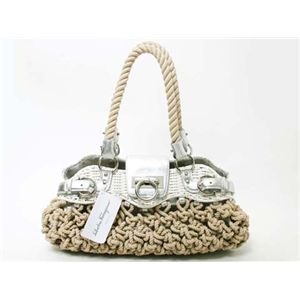 【現品限り】Ferragamo（フェラガモ） ショルダーバッグ カーフ ストロー ロープ ホワイト/シルバー/ベージュ 【未使用】