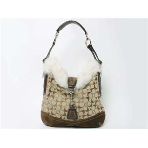 【現品限り】COACH（コーチ） シグネチャー ファー付き ショルダーバッグ キャンバス スエード カーフ ブラウン 【未使用】 - 拡大画像