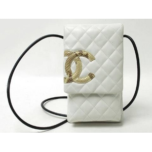 【現品限り】CHANEL(シャネル) カンボンライン ショルダーポシェット カーフ/パイソン ホワイト/ブラウン 【中古AB】