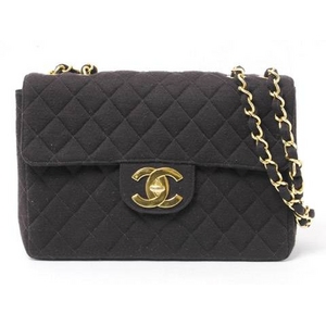 【現品限り】CHANEL(シャネル) デカバッグ Wチェーンショルダー コットンジャージ 黒 ブラック ゴールド金具 【中古AB】