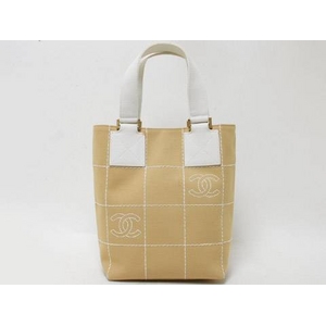 【現品限り】CHANEL(シャネル) チョコバー トートバッグ キャンバス ベージュ/ホワイト 【中古A】
