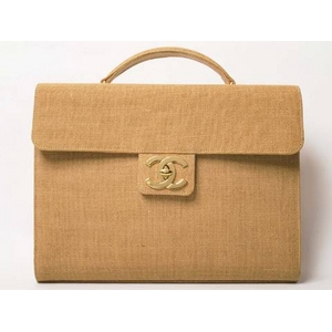 【現品限り】CHANEL（シャネル） 書類かばん 麻 ブラウン ゴールド金具 【中古SA】