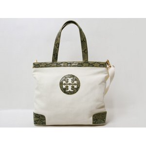 【美品 現品限り】 TORY BURCH ［トリーバーチ］ 2WAYトートバッグ　キャンバス　ホワイト/グリーン 【中古A】