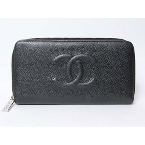 【美品 現品限り】 CHANEL ［シャネル］ ラウンドファスナー長財布　キャビアスキン　黒　ブラック　シルバー金具 【中古A】