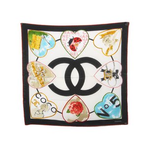 【現品限り】CHANEL ［シャネル］ スカーフ　ココ/ハート　ブラック/ホワイト 【中古AB】