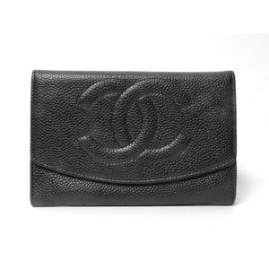 【美品 現品限り】 CHANEL ［シャネル］ 2つ折り財布　キャビアスキン　黒　ブラック　ゴールド金具  【中古B】