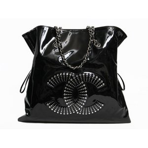 【美品 現品限り】 CHANEL ［シャネル］ チェーントートバッグ　エナメル　ラインストーン　黒　ブラック　ボンボン　A47741 【中古SA】