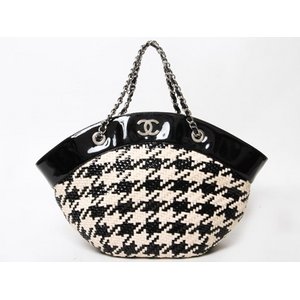 【美品 現品限り】 CHANEL ［シャネル］ チェーンショルダートート　エナメル/サテン　ブラック/ベージュ 【中古A】