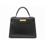 【美品 現品限り】HERMES（エルメス） ケリー28　外　ボックスカーフ　黒　ゴールド金具 【中古AB】