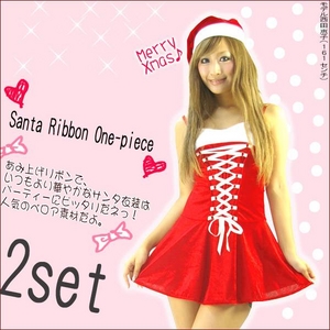 【サンタクロース コスプレ 衣装】業界最安値!!【サンタ・帽子・あみ上げリボンワンピ2点セット】クリスマスコスプレ - 拡大画像