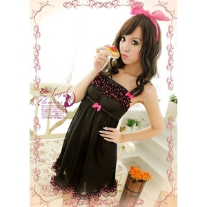 ランジェリー ドットフリル添え黒のベビードール＆Tバック