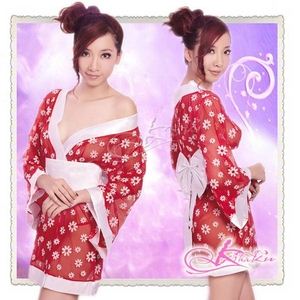 コスプレ 花柄仕上げ透け透け赤の浴衣・着物コスプレ【3点入り】