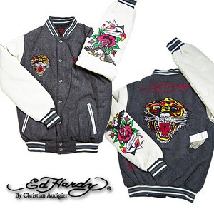  ED HARDY（エドハーディー）ジャケット/メンズ リバーシブル SNAP FRONT LETTERMANS JACKET WITE CONTRAST SLEEVE TIGER/グレー M