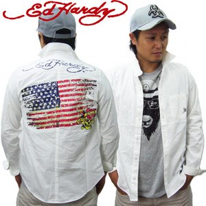 Ed Hardy エドハーディー メンズ 長袖 シャツ  ED HARDY SLID SHIRT/ ラブキル アメリカ国旗/ オフホワイト 【M06JC0X052】 S