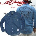 Ed Hardy エドハーディー メンズ 長袖 デニム シャツ  ED HARDY ＤＥＮＩＭ SHIRT　ワッペン　刺繍　インディゴ　ラインストーン/ ラブキル　LOVE KILLS SLOWLY  【M06JDNG052】 DENIM/ M