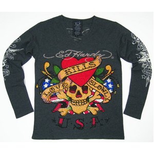 Ed Hardy（エドハーディー） メンズ Vネック　ロンT 長袖 Tシャツ ラブキル LOVE KILLS SLOWLY ラインストーン【M03PBG526】 M