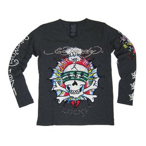 Ed Hardy（エドハーディー） メンズ Vネック　ロンT 長袖 Tシャツ LUCKY ラッキー ラインストーン【M03PBG530】 S