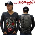 Ed Hardy（エドハーディー） メンズ Vネック　ロンT 長袖 Tシャツ EAGLE USA イーグル ローズ ラインストーン【M03PBG532】 S