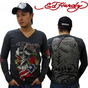 Ed Hardy（エドハーディー） メンズ Vネック　ロンT 長袖 Tシャツ EAGLE USA イーグル ローズ ラインストーン【M03PBG532】 M