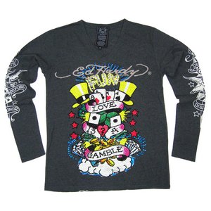 Ed Hardy（エドハーディー） メンズ Vネック　ロンT 長袖 Tシャツ  GAMBLE ギャンブル ラインストーン【M03PBG531】 S