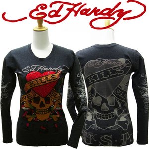 Ed Hardy（エドハーディー） レディース　ロンT 長袖 Tシャツ ラブキル ラインストーン【W03PBG526】 XS