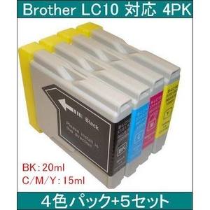 【ブラザー工業（BROTHER）対応】LC10 互換インクカートリッジ4色セット ブラック（20ml）/シアン/マゼンタ/イエロー（各15ml） 【5セット】 - 拡大画像