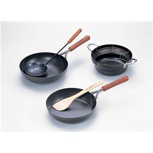 THT-1000 譚彦彬（タン ヒコアキ）厳選 鉄製調理道具3点セット（いため鍋28cm・天ぷら鍋24cm・フライパン26cm）（半月アミ・竹べら・スキンマー付）