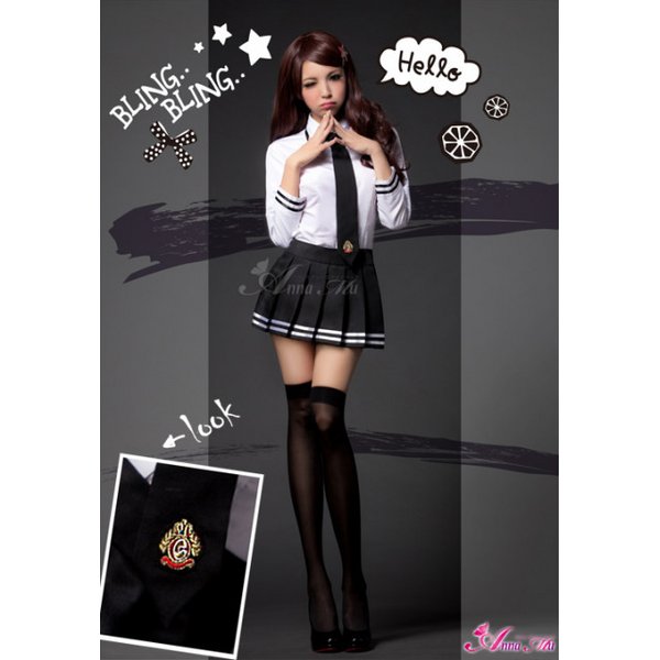 【女性 コスプレ 衣装】女子高生・セーラー・制服 白ブラウス・黒スカート・ネクタイ３点セット