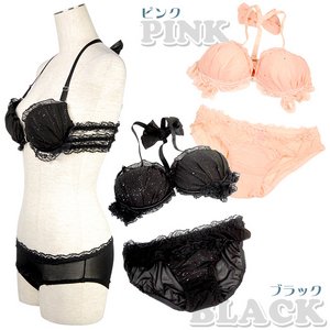 スクエアラメブラ＆ショーツセット♪バックストラップりぼん【ブラショーツセット/ナイトウェア/下着/ランジェリー/コスプレ】07000178 ピンクM