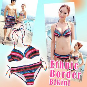 【水着】エスニックマルチボーダービキニ☆ ネオンアジアン ペイズリー水着 MZ53400