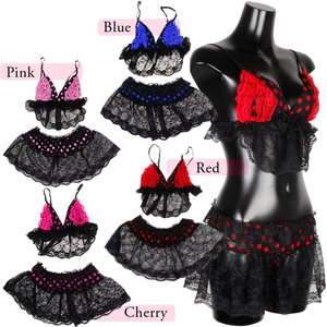 Sexyブラックレース×ドットのブラショーツ3点セット【セクシー/ランジェリー/コスプレ/下着】05000796 レッド