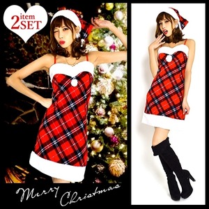 ★再入荷★5463/定番人気♪チェック柄Ａラインクリスマスサンタコスプレワンピース２点ＳＥＴ【クリスマス/クリスマス衣装/サンタクロース衣装/サンタ/コスプレ/コスチューム/イベント/パーティ/仮装】