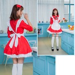 400 レッド フリル メイド服 エプロン コスプレ衣装【メイド/ハロウィン/クリスマス/イベント/パーティ/コスプレ/コスチューム/仮装/衣装】