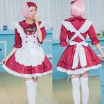 400 ワインレッド フリル メイド服 エプロン コスプレ衣装【メイド/ハロウィン/クリスマス/イベント/パーティ/コスプレ/コスチューム/仮装/衣装】