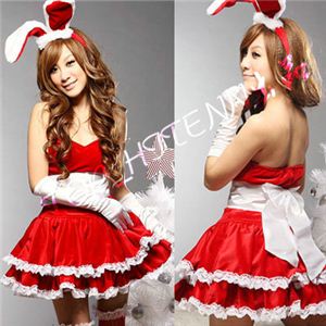 コスプレ うさ耳カチューシャ付サンタバニー 4点セット 赤 C295 - 拡大画像