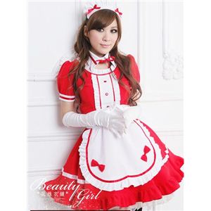 カチューシャ付き赤のメイドコスチューム4点セット／コスプレ／z678