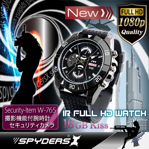 【防犯用】【小型カメラ】赤外線ライト付 腕時計型カメラ(スパイダーズX-W765)自動点灯式赤外線ライト付、16GB内蔵f00