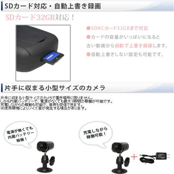 超小型ビデオカメラ バッテリー内臓、低照度カメラ＆ワイヤレス受信モニターセット（KS638M-C600）のポイント2