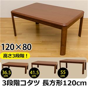 3段階継脚こたつテーブル 【長方形/120cm×80cm】 木製 本体 高さ調節可/滑り止め付き - 拡大画像