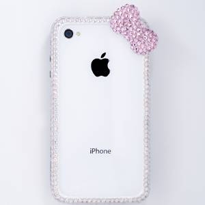 iphone4＆4S　デコケース　ハンドメイド　リボン　ホワイト　スワロフスキー
