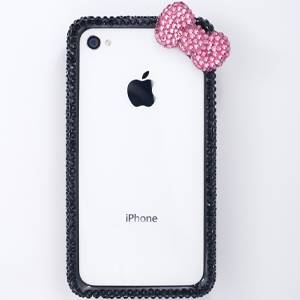 iphone4＆4S　デコケース　ハンドメイド　リボン　ブラック　スワロフスキー